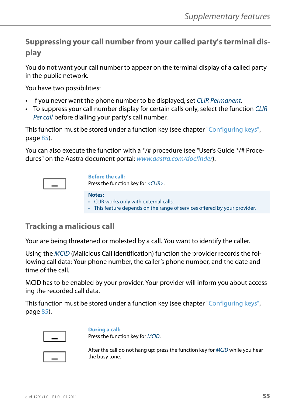 Tracking a malicious call, Suppressing your call, Number from your called party's terminal display | Supplementary features | AASTRA 620d for Aastra 400 User Guide EN User Manual | Page 55 / 101