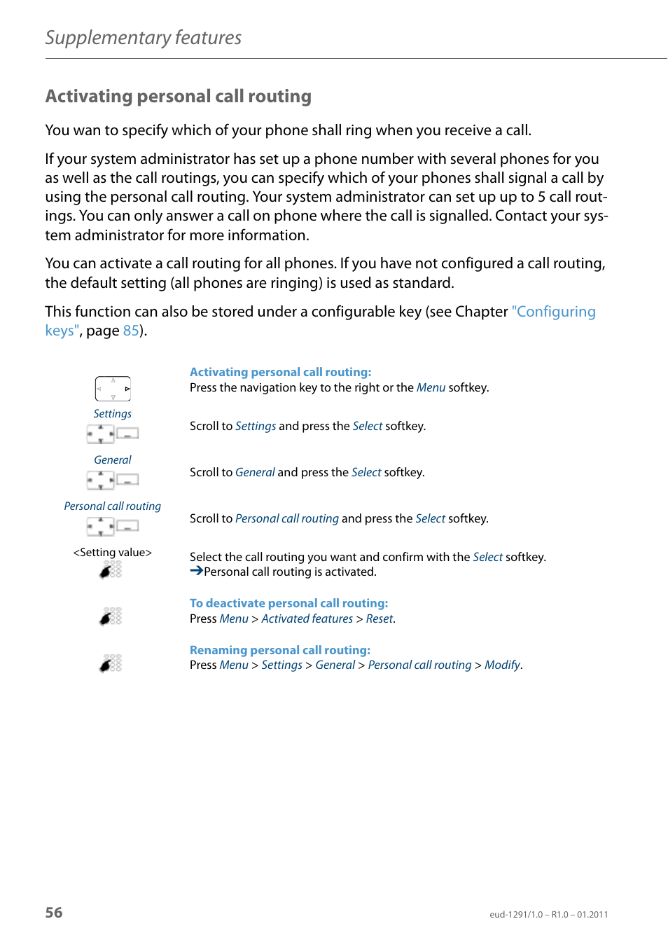 Activating personal call routing, Supplementary features | AASTRA 620d for Aastra 400 User Guide EN User Manual | Page 56 / 101
