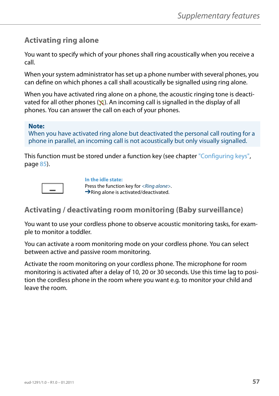 Activating ring alone, Activating, Ring alone | Supplementary features | AASTRA 620d for Aastra 400 User Guide EN User Manual | Page 57 / 101