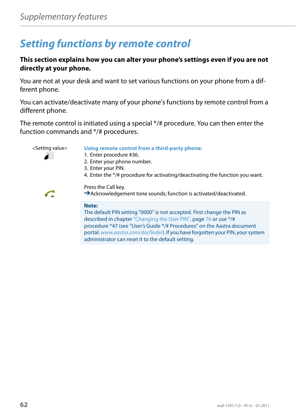 Setting functions by remote control, Setting, Functions by remote control | Supplementary features | AASTRA 620d for Aastra 400 User Guide EN User Manual | Page 62 / 101