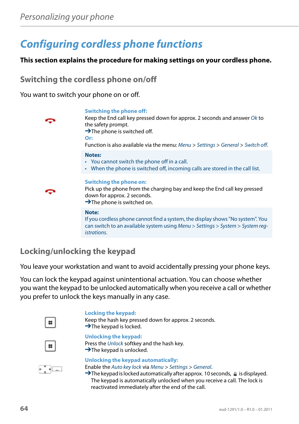 Configuring cordless phone functions, Switching the cordless phone on/off, Locking/unlocking the keypad | Personalizing your phone | AASTRA 620d for Aastra 400 User Guide EN User Manual | Page 64 / 101