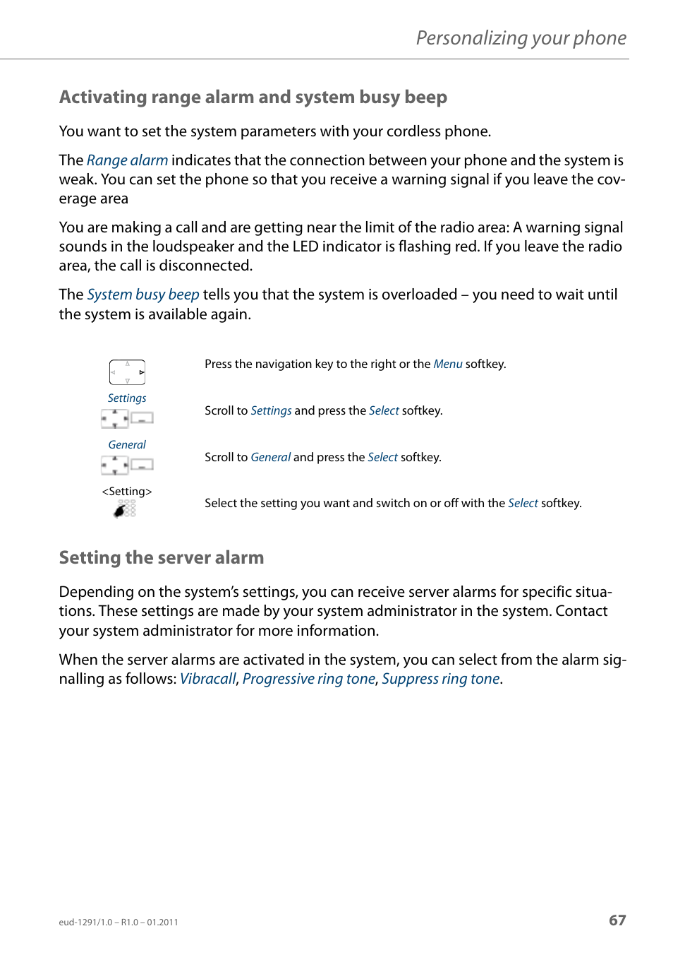 Activating range alarm and system busy beep, Setting the server alarm, Personalizing your phone | AASTRA 620d for Aastra 400 User Guide EN User Manual | Page 67 / 101