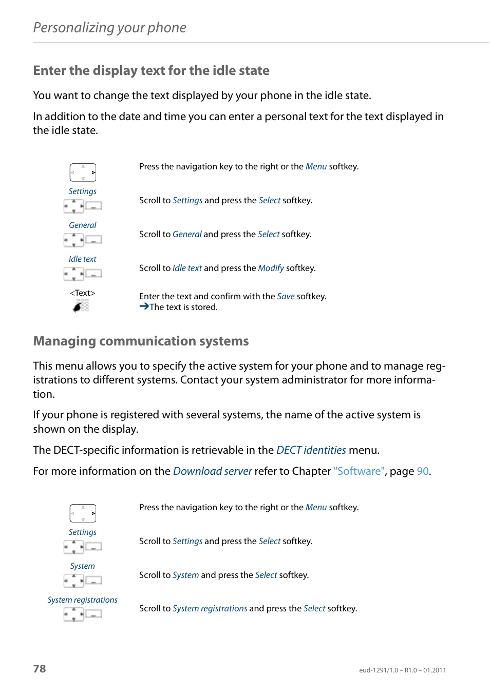 Enter the display text for the idle state, Managing communication systems, Personalizing your phone | AASTRA 620d for Aastra 400 User Guide EN User Manual | Page 78 / 101