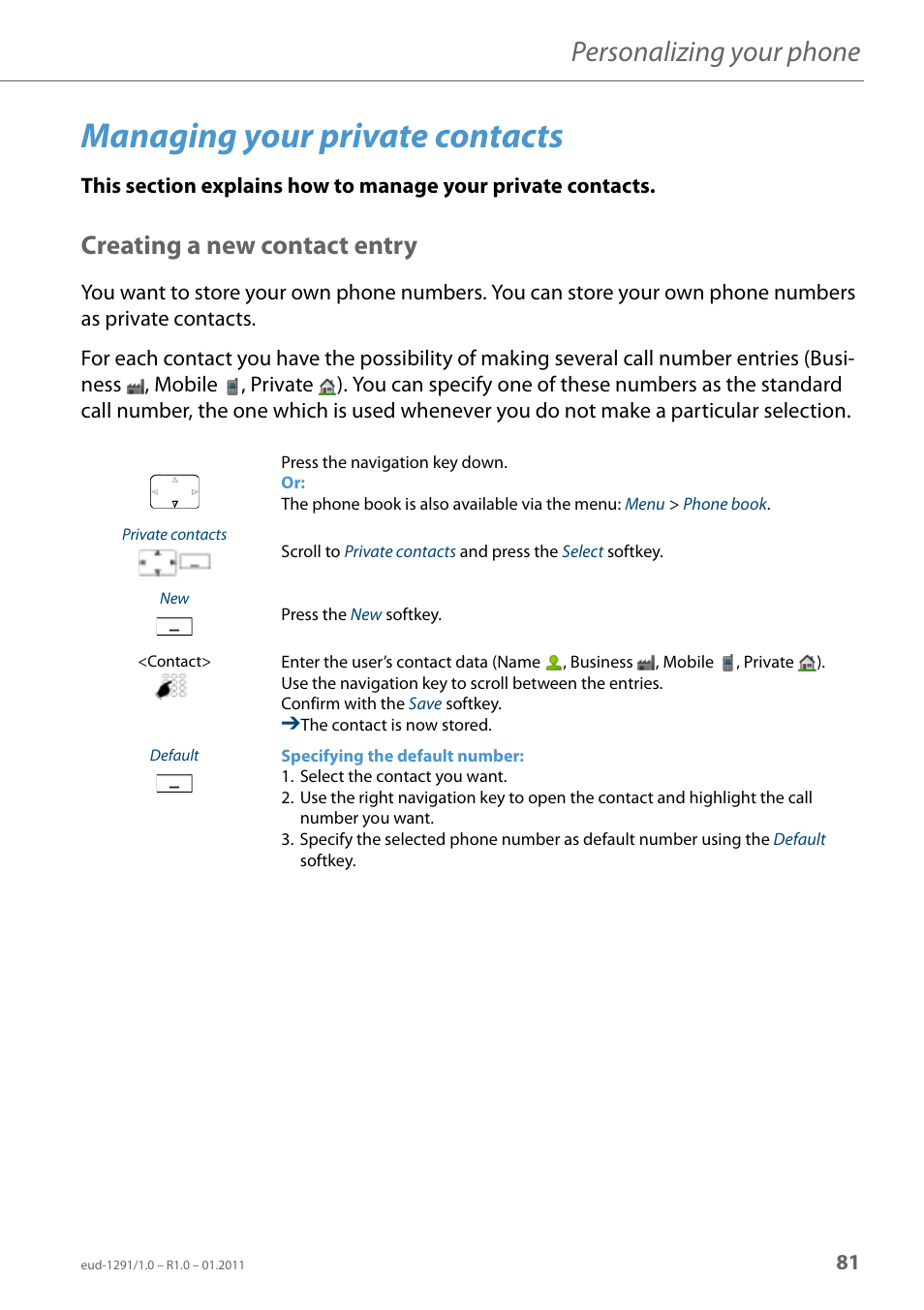 Managing your private contacts, Creating a new contact entry, Personalizing your phone | AASTRA 620d for Aastra 400 User Guide EN User Manual | Page 81 / 101