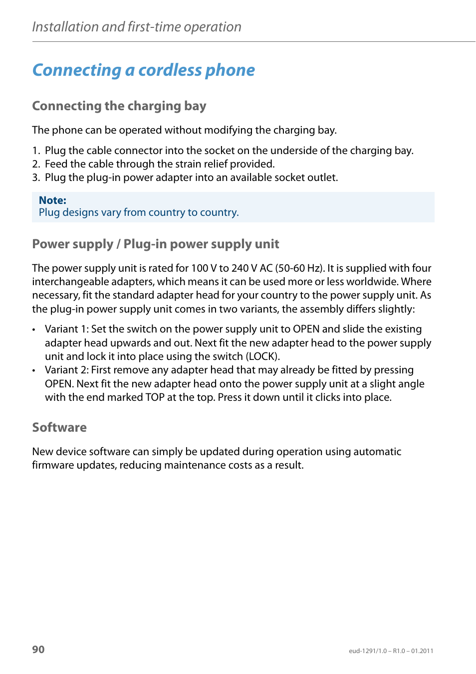Connecting a cordless phone, Connecting the charging bay, Power supply / plug-in power supply unit | Software, Installation and first-time operation | AASTRA 620d for Aastra 400 User Guide EN User Manual | Page 90 / 101