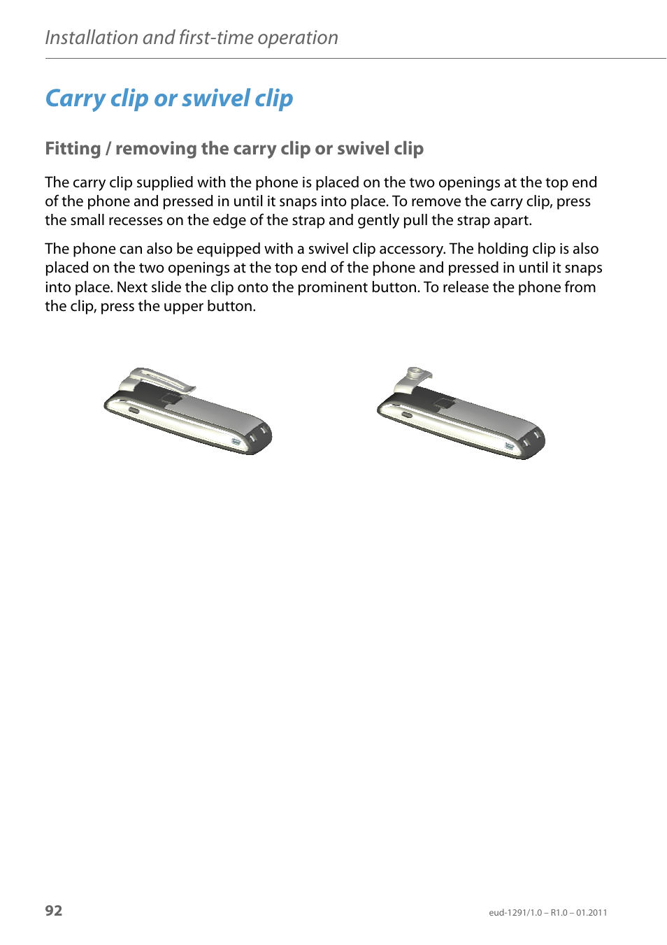 Carry clip or swivel clip, Fitting / removing the carry clip or swivel clip, Installation and first-time operation | AASTRA 620d for Aastra 400 User Guide EN User Manual | Page 92 / 101