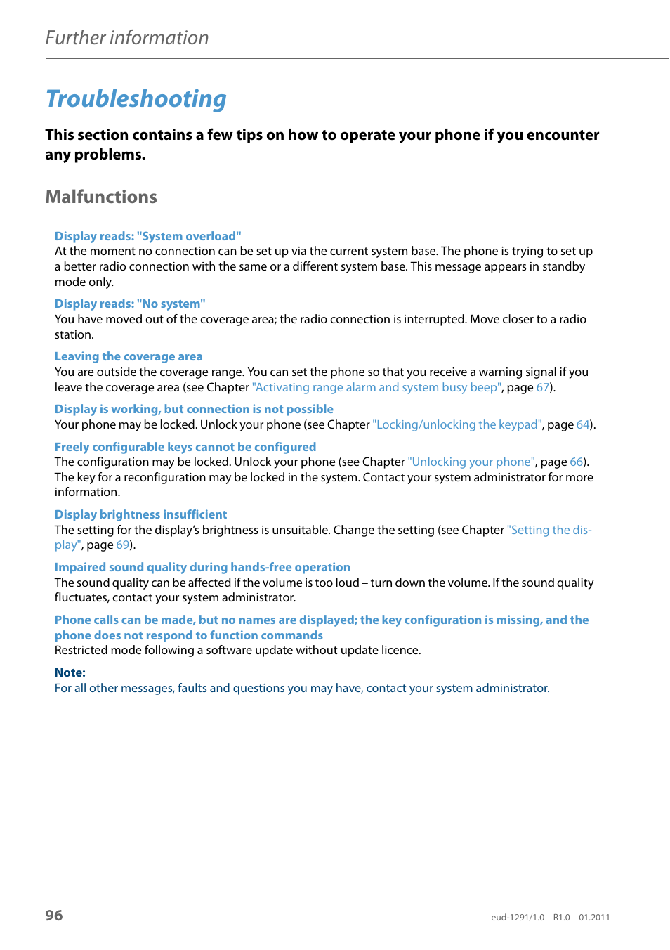 Troubleshooting, Malfunctions, Further information | AASTRA 620d for Aastra 400 User Guide EN User Manual | Page 96 / 101