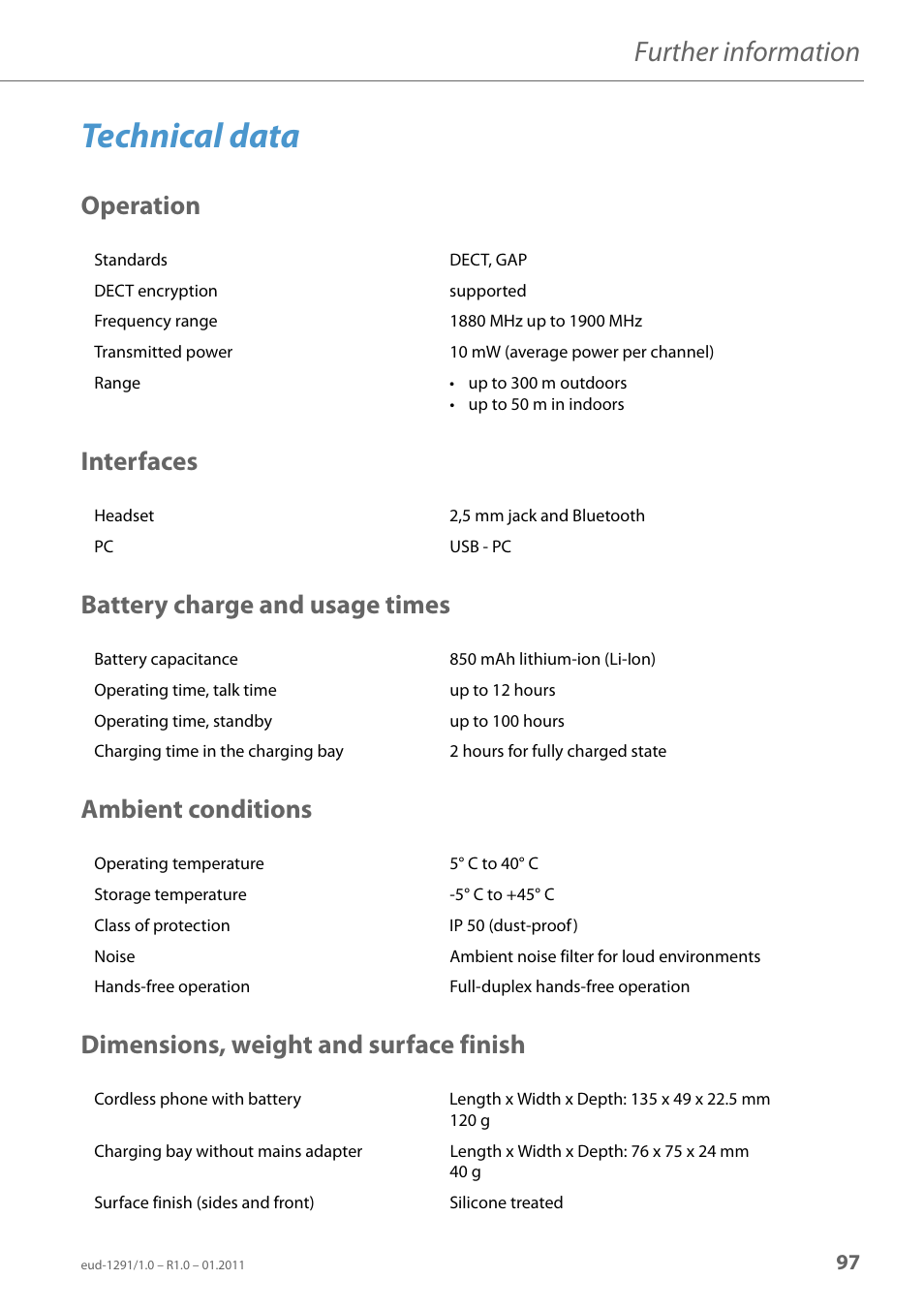 Technical data, Operation, Interfaces | Battery charge and usage times, Ambient conditions, Dimensions, weight and surface finish, Further information | AASTRA 620d for Aastra 400 User Guide EN User Manual | Page 97 / 101