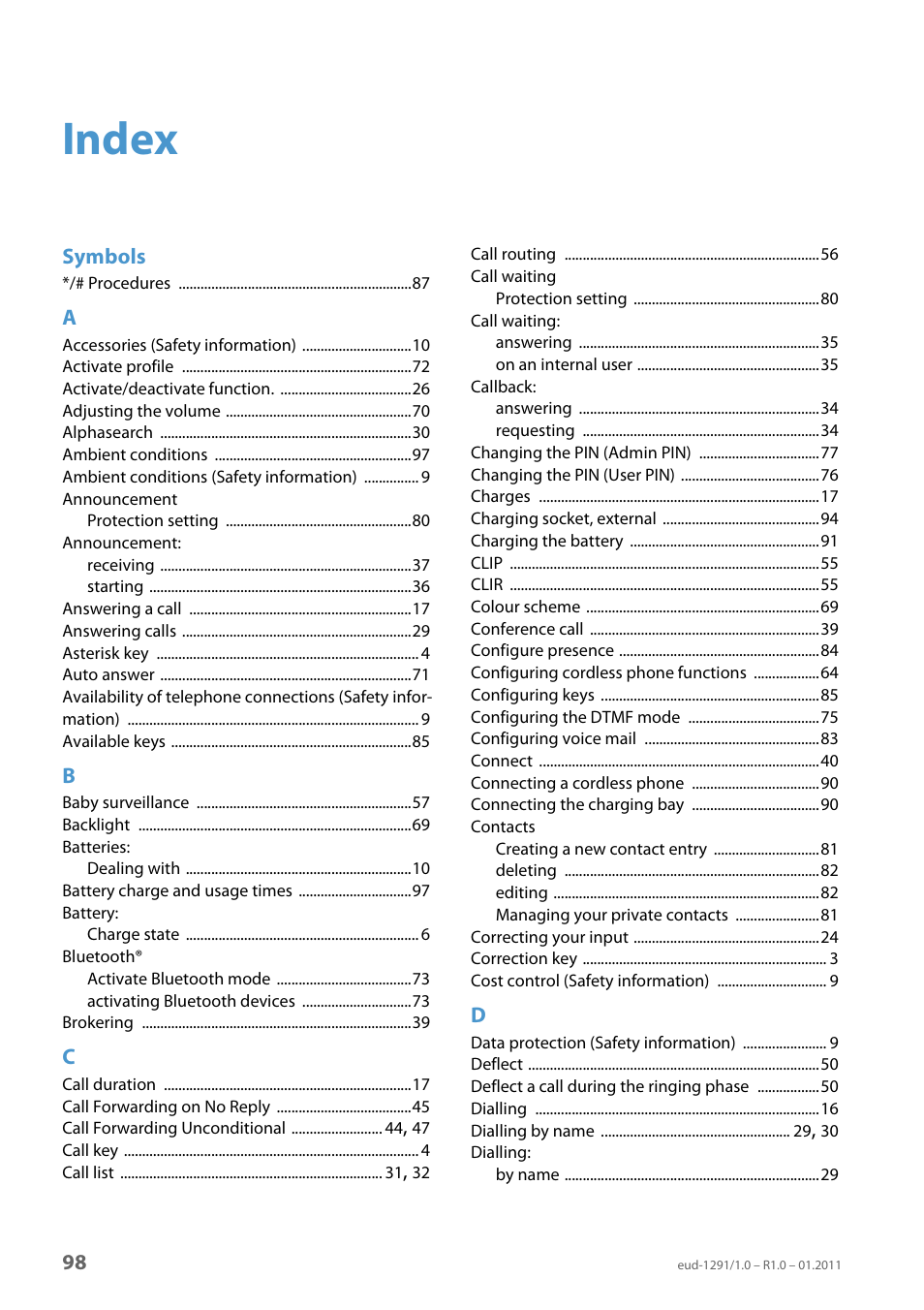 Index, Symbols | AASTRA 620d for Aastra 400 User Guide EN User Manual | Page 98 / 101