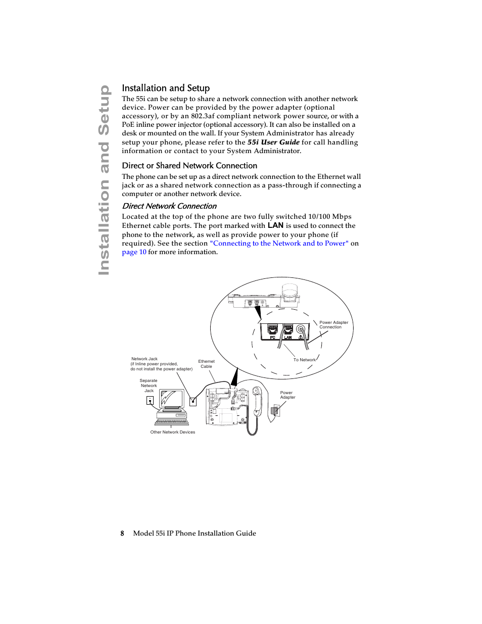 Installation and setup, Direct or shared network connection, Direct network connection | AASTRA 6755i Installation Guide EN User Manual | Page 14 / 42