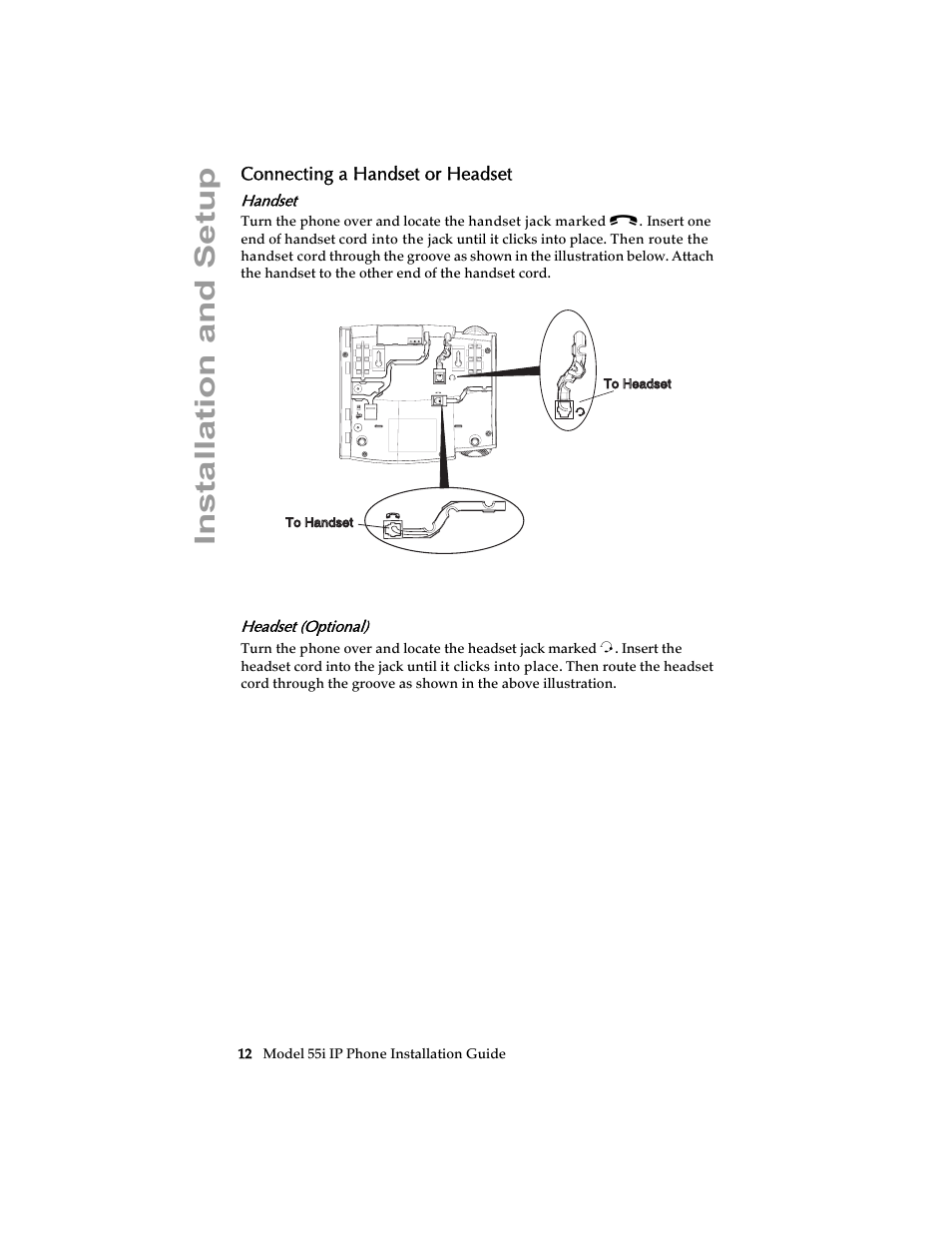 Connecting a handset or headset, Handset, Headset (optional) | Installation and setup | AASTRA 6755i Installation Guide EN User Manual | Page 18 / 42