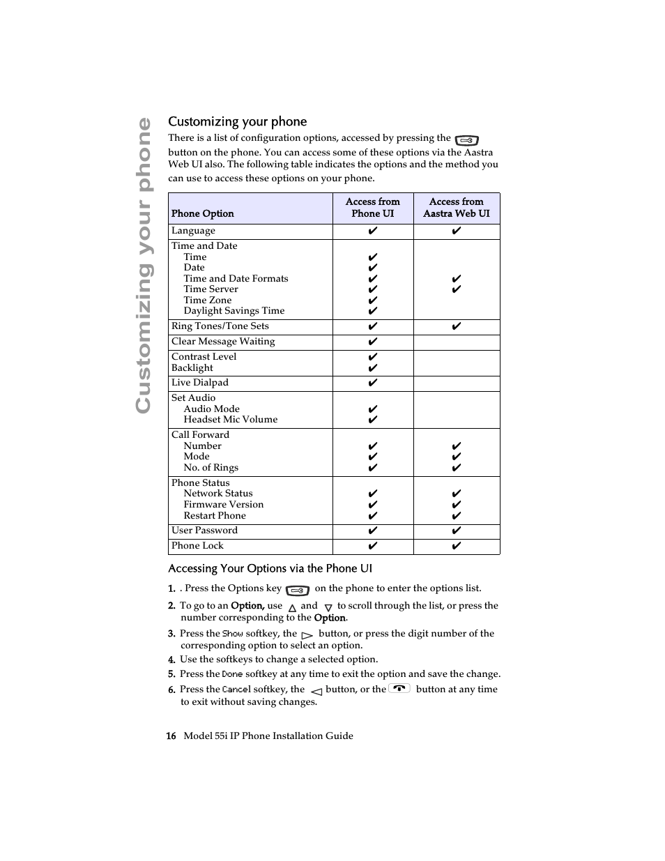 Customizing your phone, Accessing your options via the phone ui | AASTRA 6755i Installation Guide EN User Manual | Page 22 / 42
