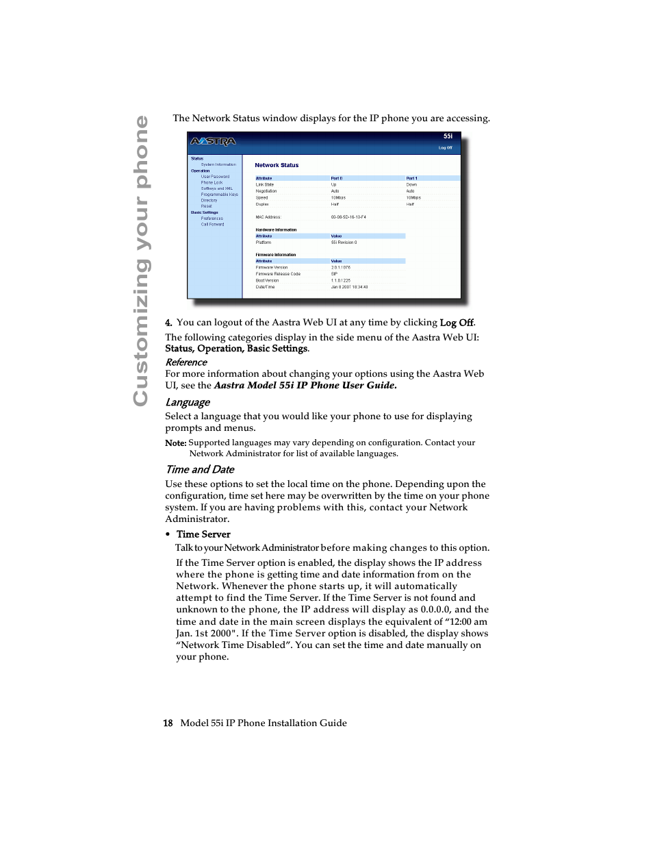 Language, Time and date, Customizing your phone | AASTRA 6755i Installation Guide EN User Manual | Page 24 / 42