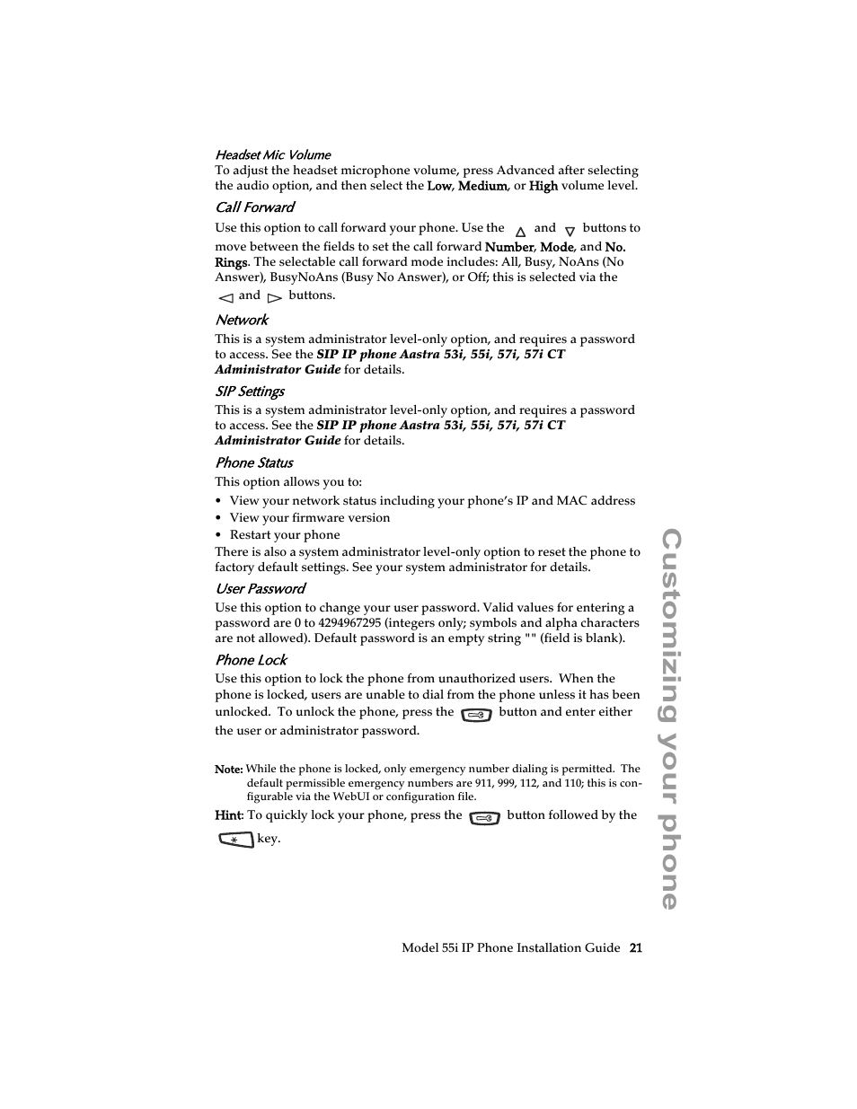 Call forward, Network, Sip settings | Phone status, User password, Phone lock, Customizing your phone | AASTRA 6755i Installation Guide EN User Manual | Page 27 / 42