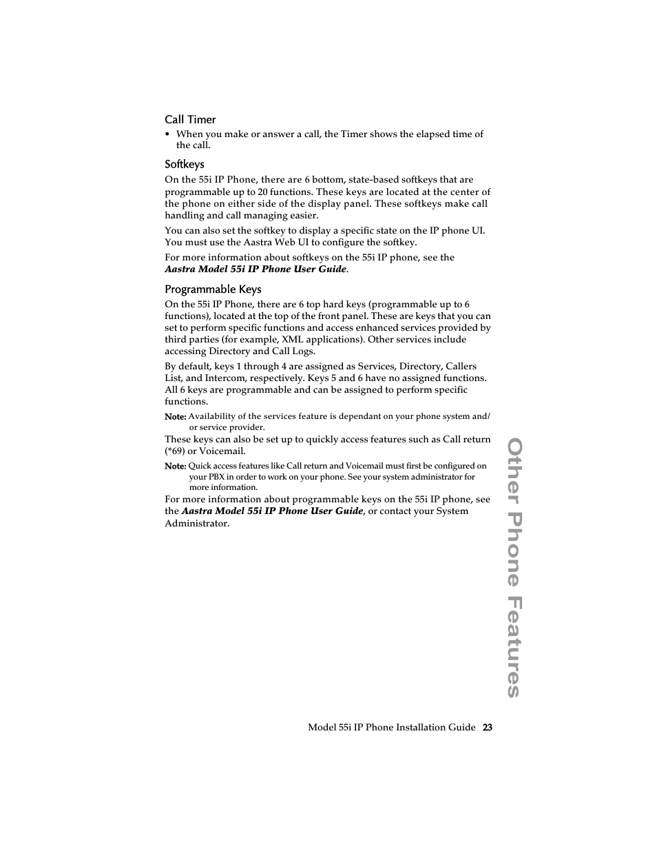 Call timer, Softkeys, Programmable keys | Other phone features | AASTRA 6755i Installation Guide EN User Manual | Page 29 / 42