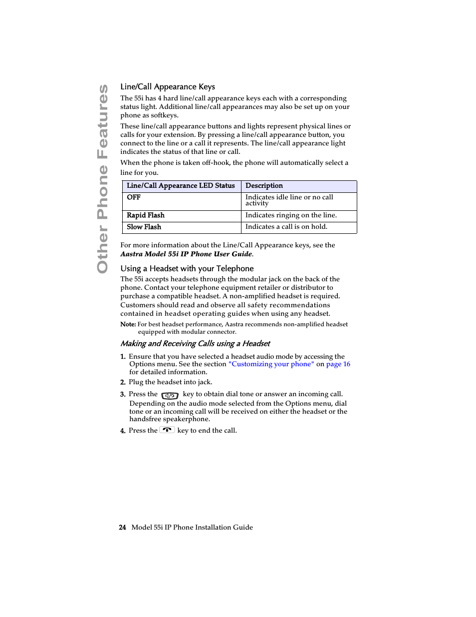 Line/call appearance keys, Using a headset with your telephone, Making and receiving calls using a headset | Other phone features | AASTRA 6755i Installation Guide EN User Manual | Page 30 / 42