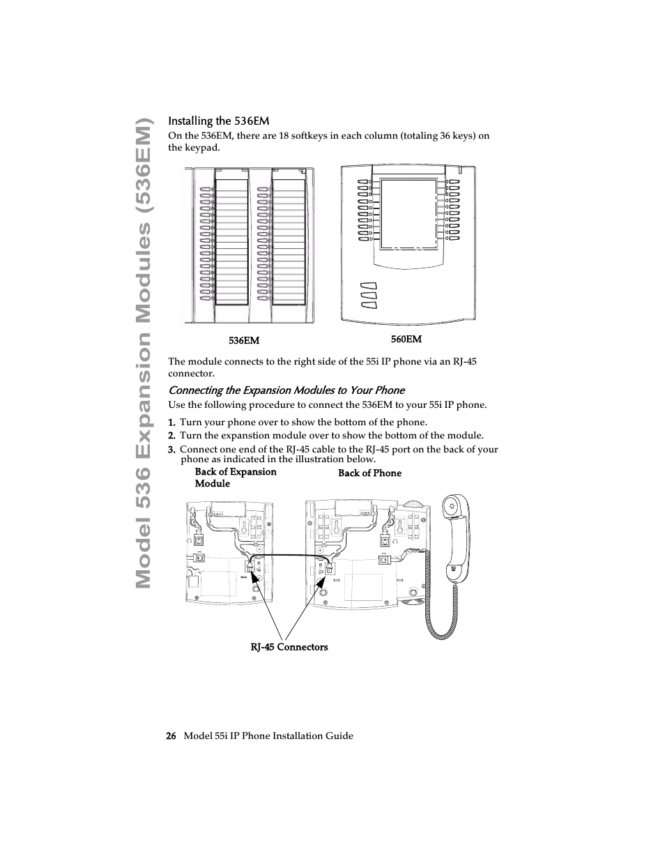 Installing the 536em, Connecting the expansion modules to your phone | AASTRA 6755i Installation Guide EN User Manual | Page 32 / 42