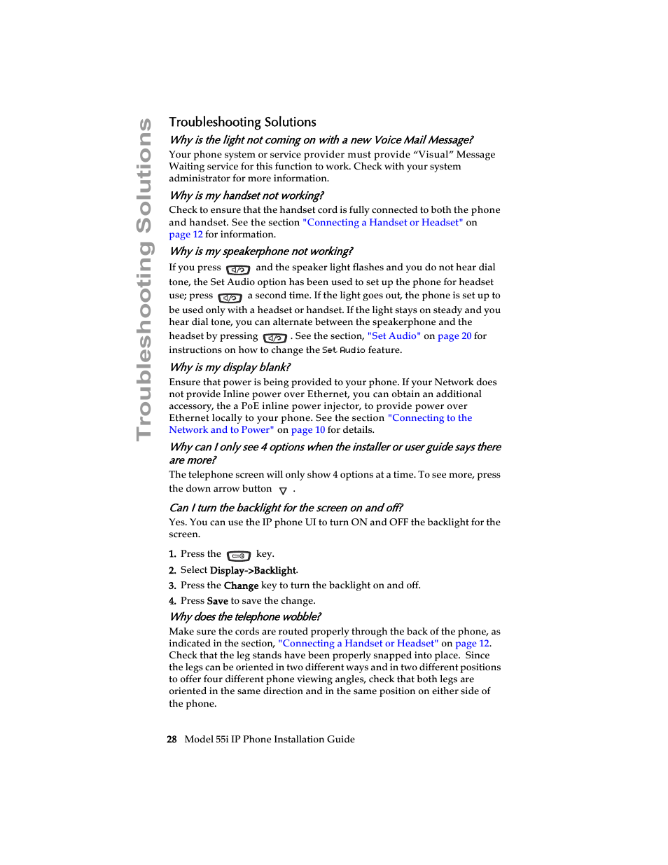 Troubleshooting solutions, Why is my handset not working, Why is my speakerphone not working | Why is my display blank, Can i turn the backlight for the screen on and off, Why does the telephone wobble | AASTRA 6755i Installation Guide EN User Manual | Page 34 / 42
