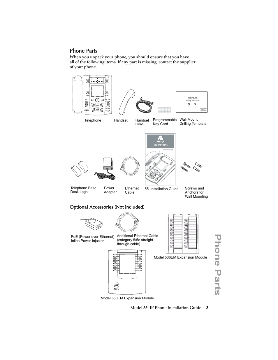 Phone parts, Optional accessories (not included) | AASTRA 6755i Installation Guide EN User Manual | Page 9 / 42