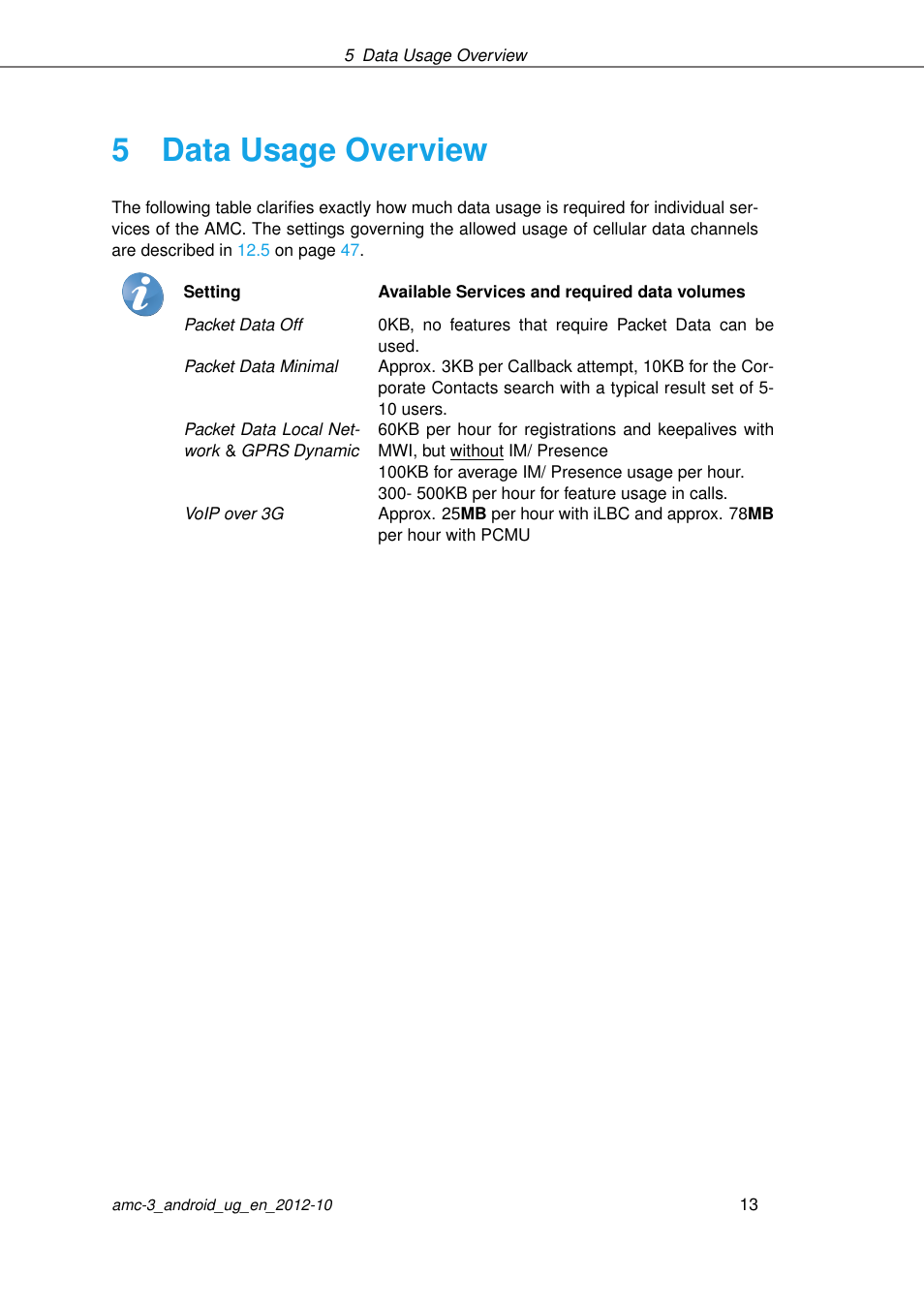 Data usage overview, 5data usage overview | AASTRA AMC 3 for Android EN User Manual | Page 13 / 57