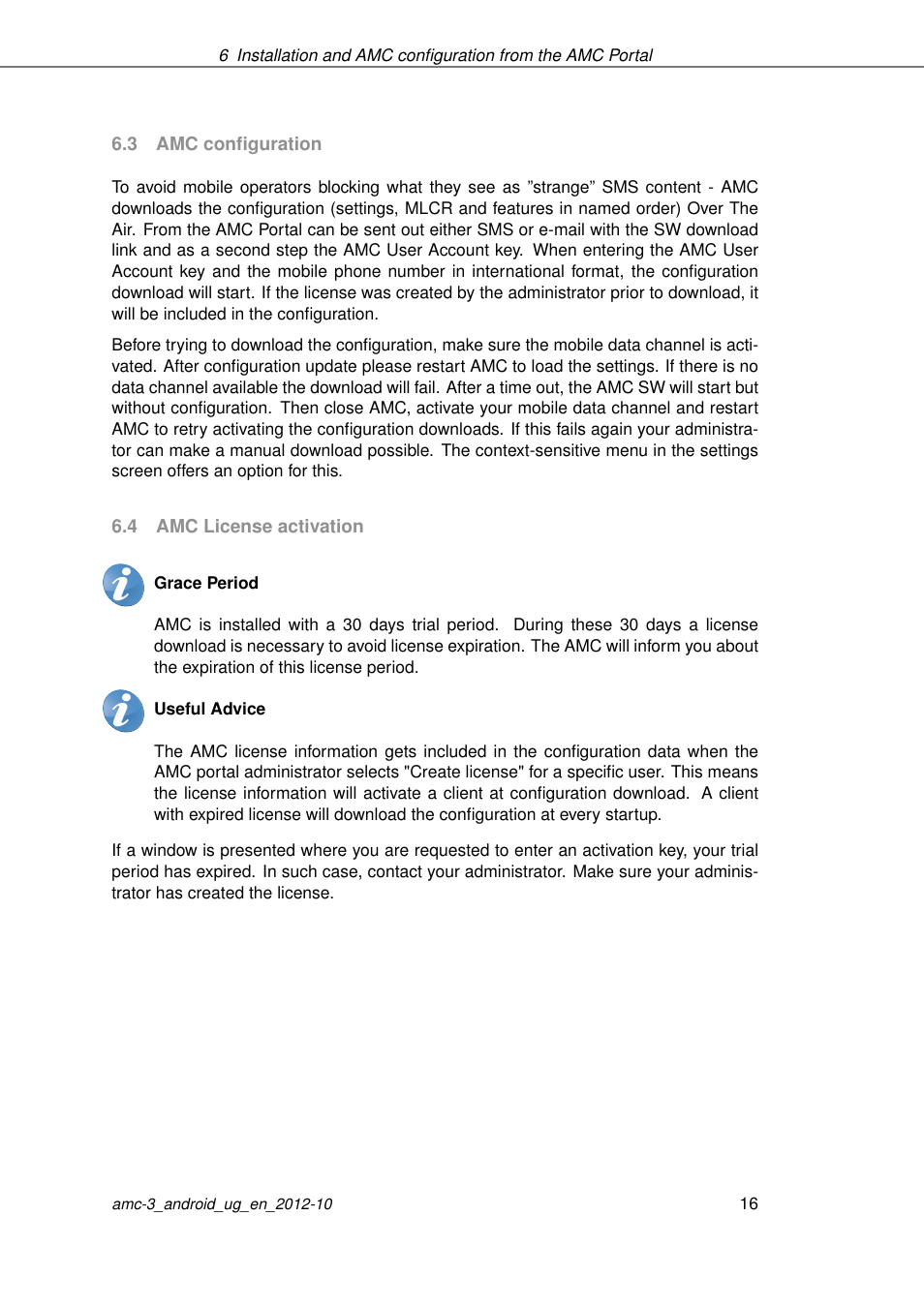 Amc configuration, Amc license activation | AASTRA AMC 3 for Android EN User Manual | Page 16 / 57