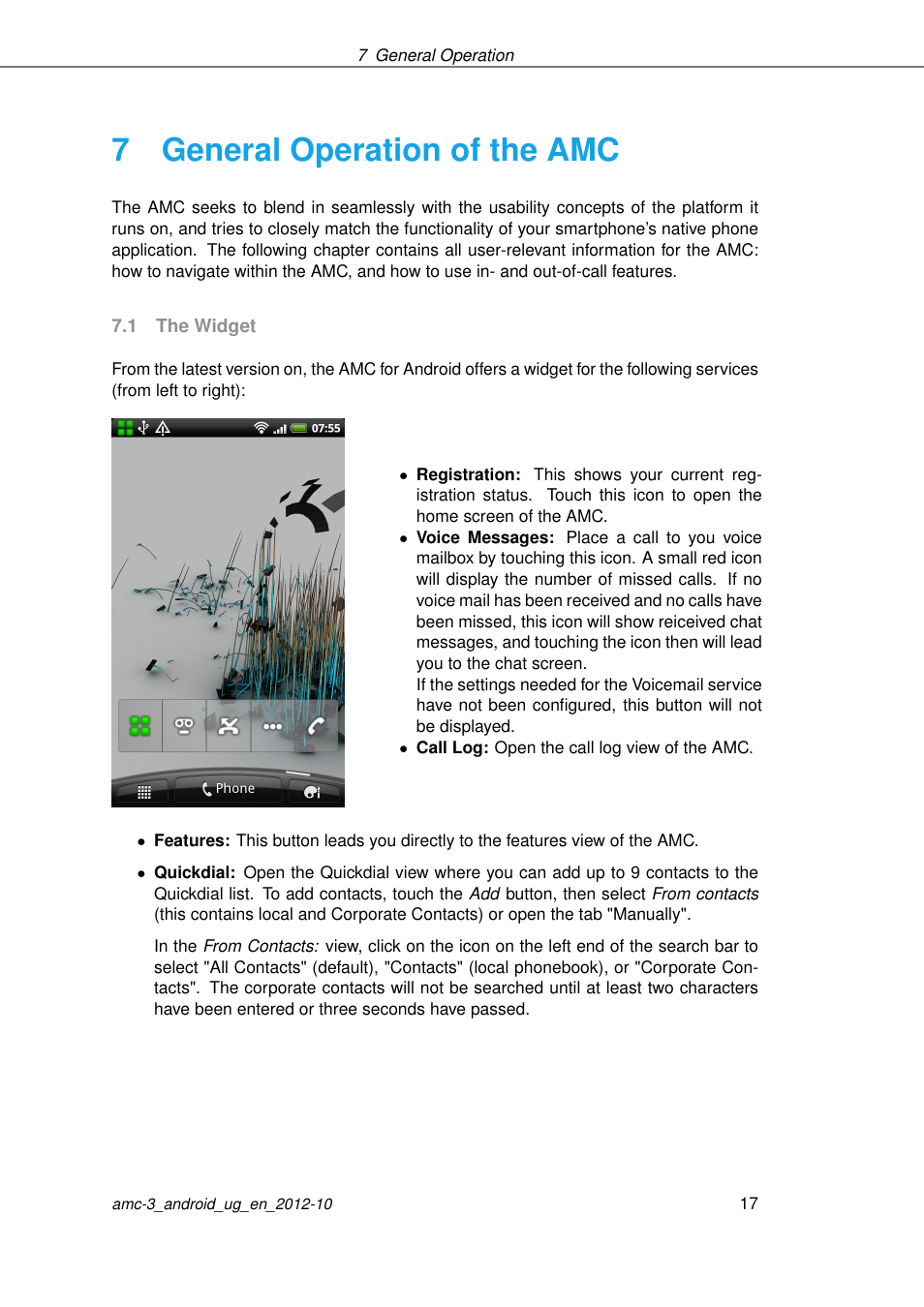 General operation, The widget, 7general operation of the amc | AASTRA AMC 3 for Android EN User Manual | Page 17 / 57