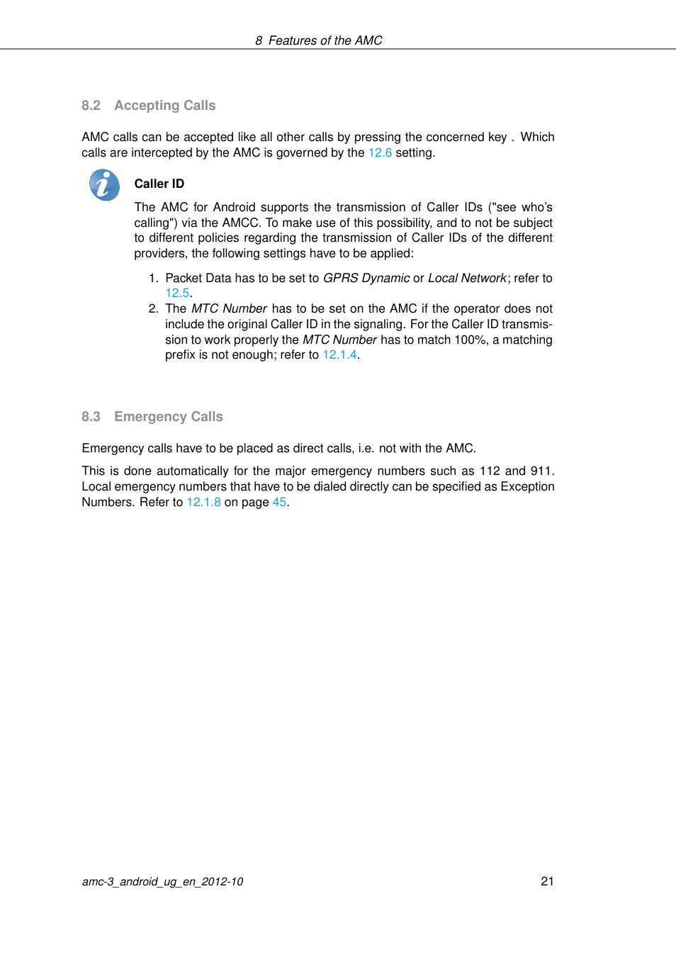Accepting calls, Emergency calls | AASTRA AMC 3 for Android EN User Manual | Page 21 / 57