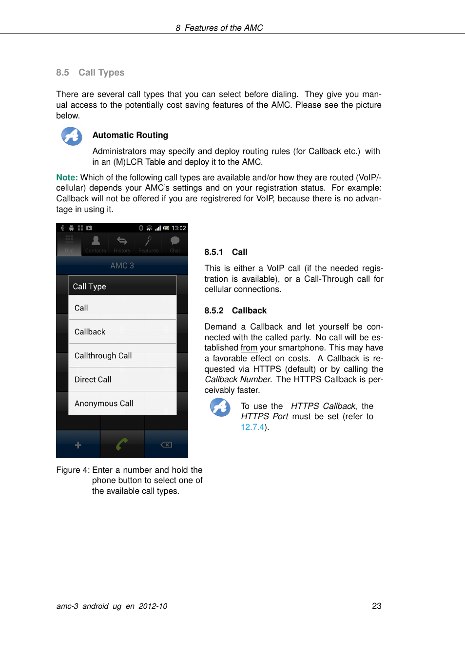 Call types, Call, Callback | Call-through call | AASTRA AMC 3 for Android EN User Manual | Page 23 / 57