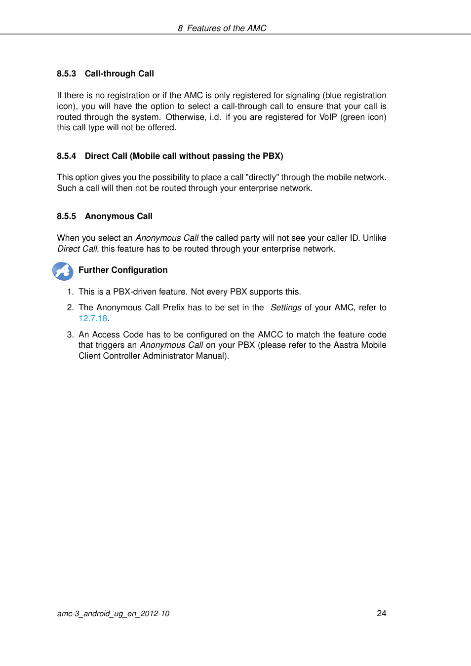 Direct call (mobile call without passing the pbx), Anonymous call | AASTRA AMC 3 for Android EN User Manual | Page 24 / 57