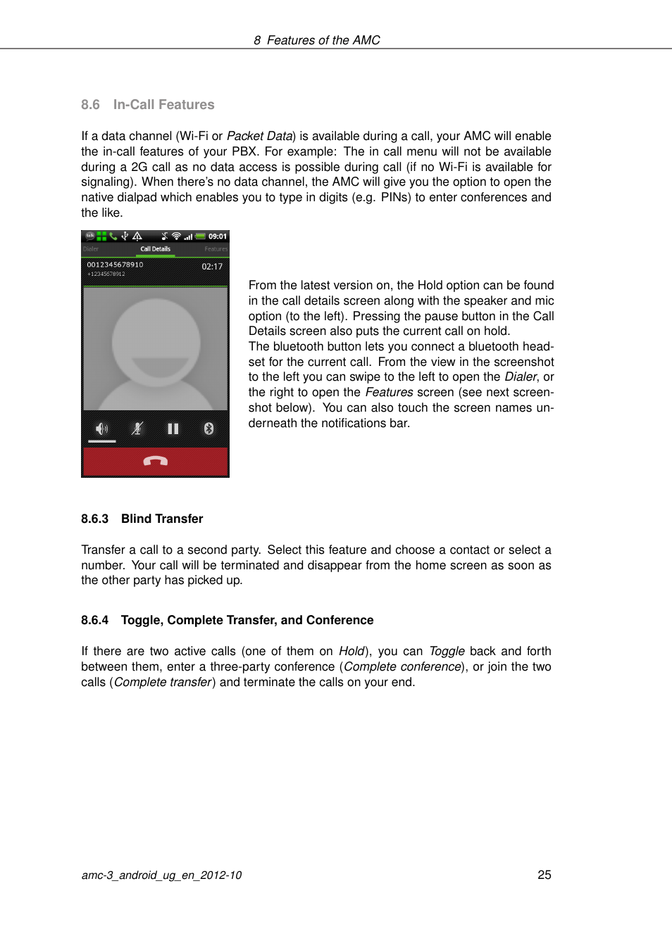 In-call features, Blind transfer, Toggle, complete transfer, and conference | AASTRA AMC 3 for Android EN User Manual | Page 25 / 57