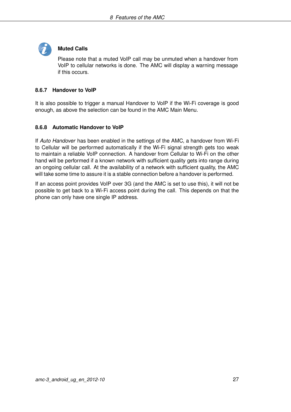 Handover to voip, Automatic handover to voip | AASTRA AMC 3 for Android EN User Manual | Page 27 / 57
