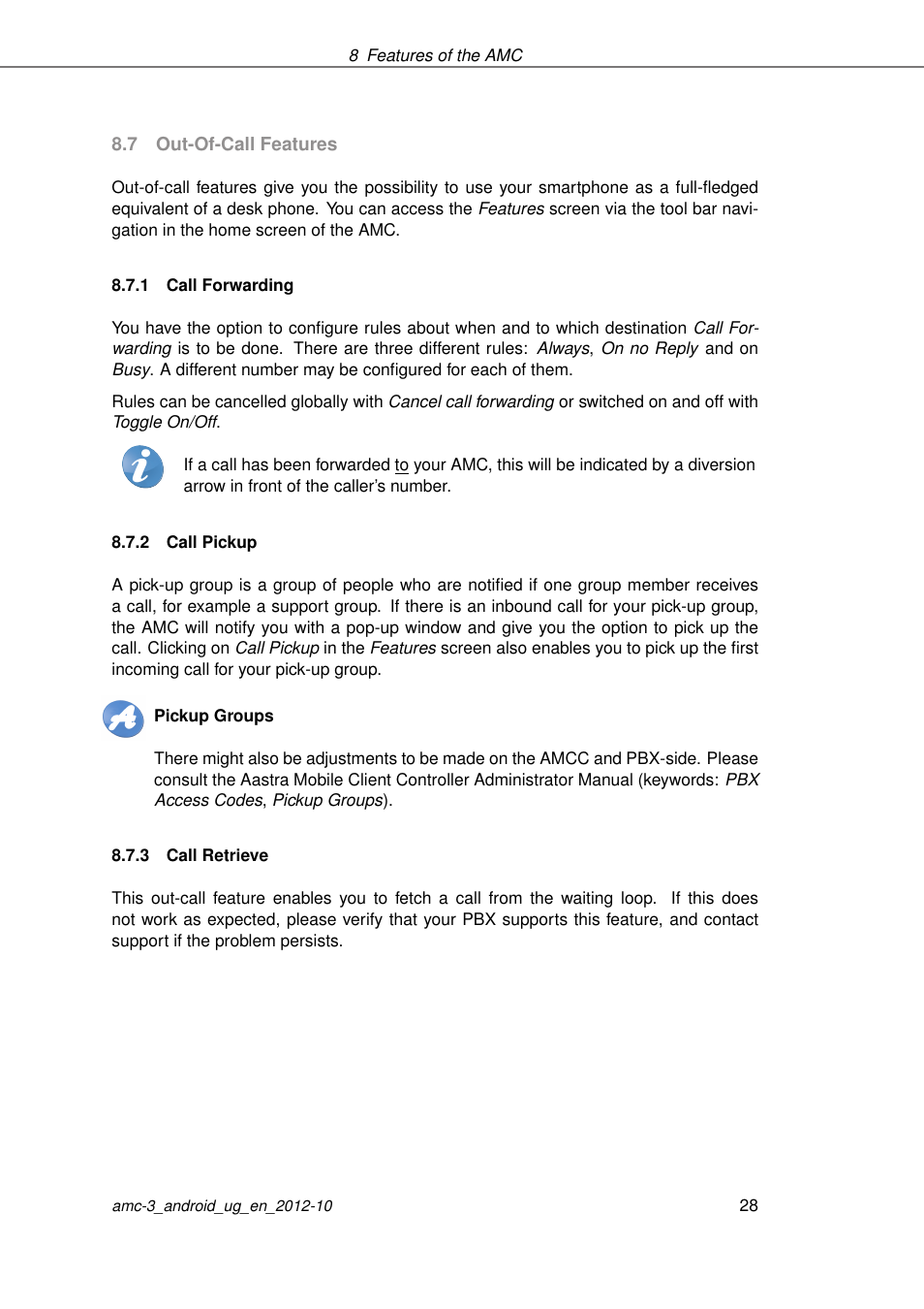 Out-of-call features, Call forwarding, Call pickup | Call retrieve | AASTRA AMC 3 for Android EN User Manual | Page 28 / 57
