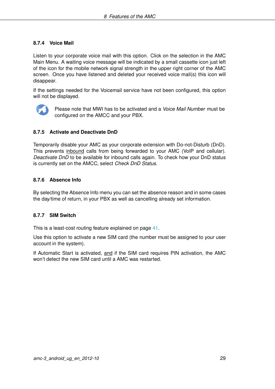 Voice mail, Activate and deactivate dnd, Absence info | Sim switch | AASTRA AMC 3 for Android EN User Manual | Page 29 / 57
