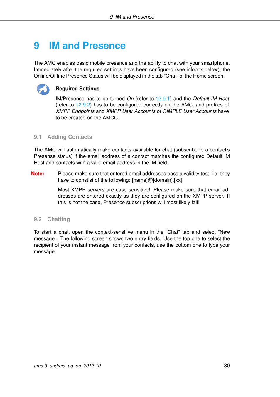 Im and presence, Adding contacts, Chatting | 9im and presence | AASTRA AMC 3 for Android EN User Manual | Page 30 / 57