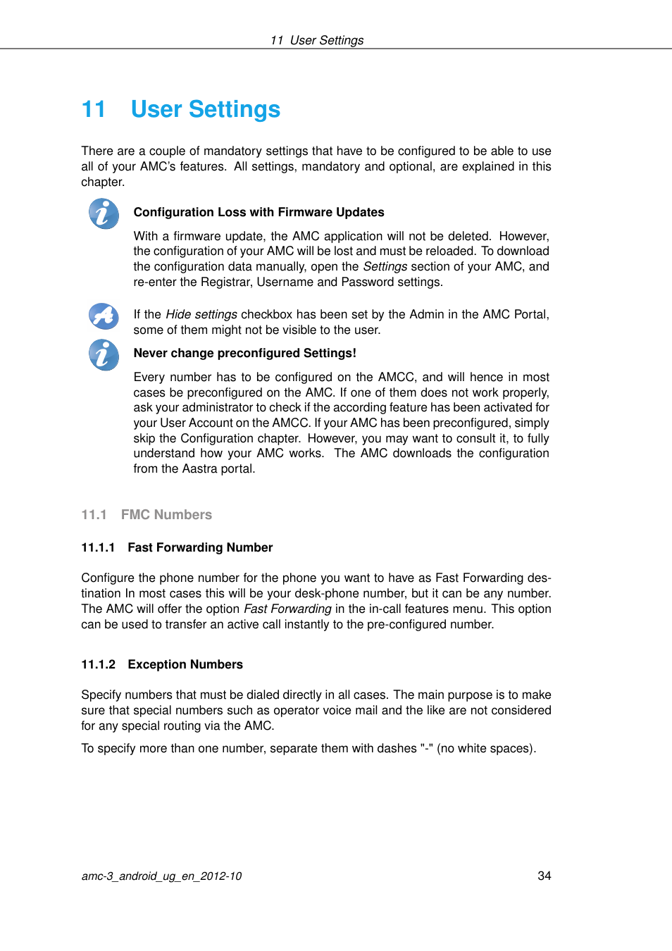 User settings, Fmc numbers, Fast forwarding number | Exception numbers, 11 user settings | AASTRA AMC 3 for Android EN User Manual | Page 34 / 57