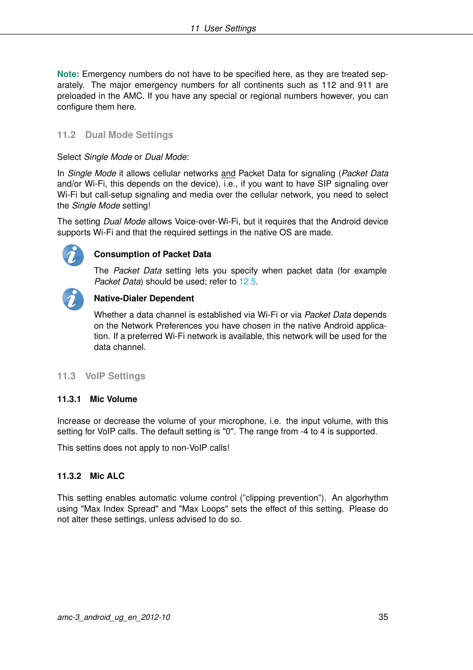 Dual mode settings, Voip settings, Mic volume | Mic alc | AASTRA AMC 3 for Android EN User Manual | Page 35 / 57