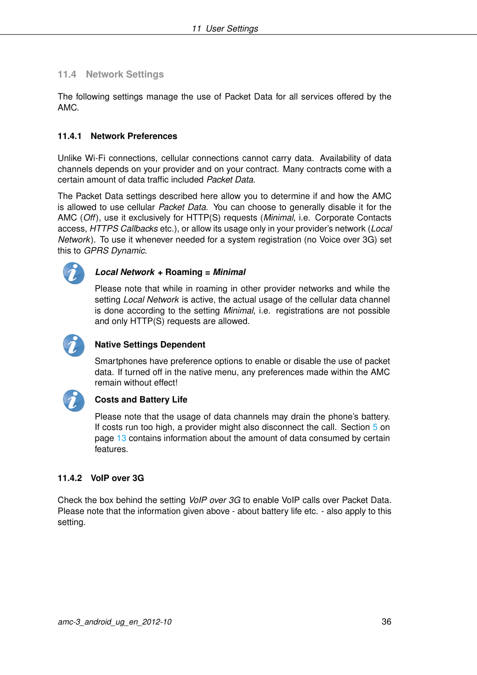 Network settings, Network preferences, Voip over 3g | AASTRA AMC 3 for Android EN User Manual | Page 36 / 57