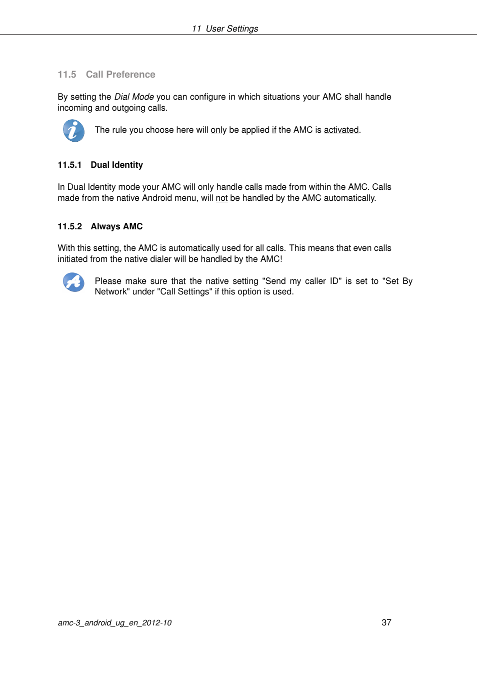 Call preference, Dual identity, Always amc | AASTRA AMC 3 for Android EN User Manual | Page 37 / 57