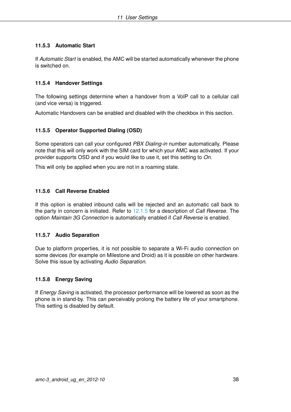 Automatic start, Handover settings, Operator supported dialing (osd) | Call reverse enabled, Audio separation, Energy saving | AASTRA AMC 3 for Android EN User Manual | Page 38 / 57