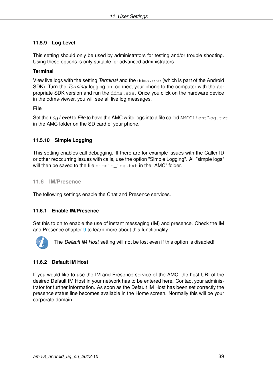 Log level, Simple logging, Im/presence | Enable im/presence, Default im host, 10 simple logging | AASTRA AMC 3 for Android EN User Manual | Page 39 / 57