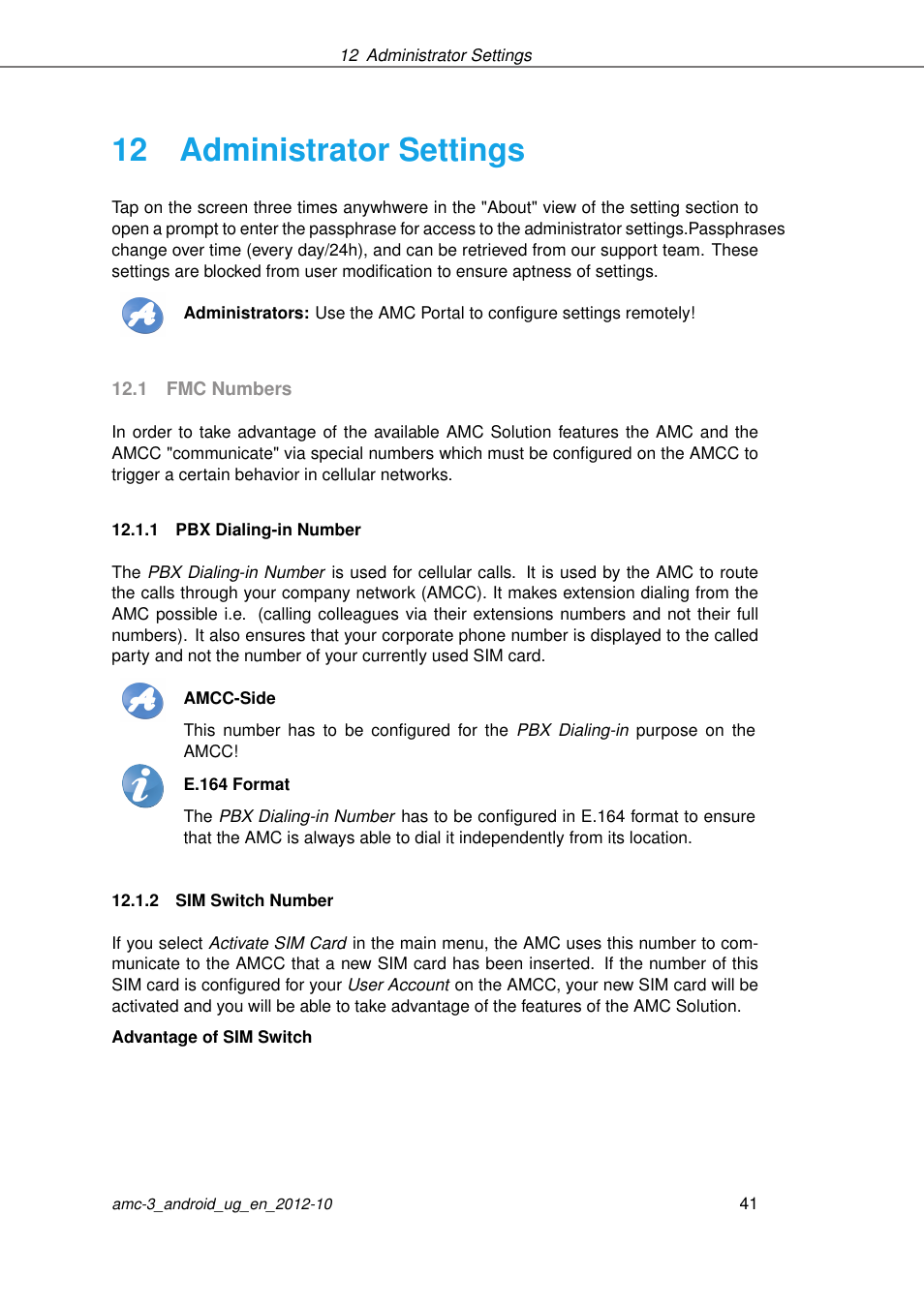 Administrator settings, Fmc numbers, Pbx dialing-in number | Sim switch number, 12 administrator settings | AASTRA AMC 3 for Android EN User Manual | Page 41 / 57