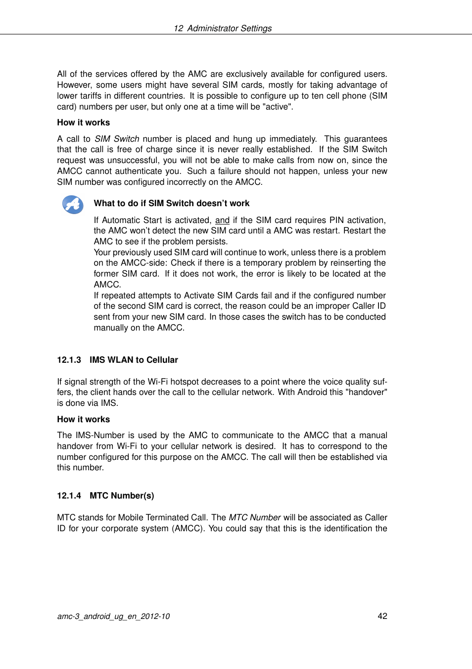 Ims wlan to cellular, Mtc number(s) | AASTRA AMC 3 for Android EN User Manual | Page 42 / 57