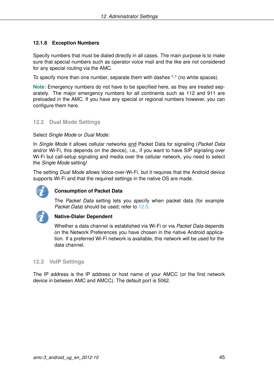Exception numbers, Dual mode settings, Voip settings | AASTRA AMC 3 for Android EN User Manual | Page 45 / 57