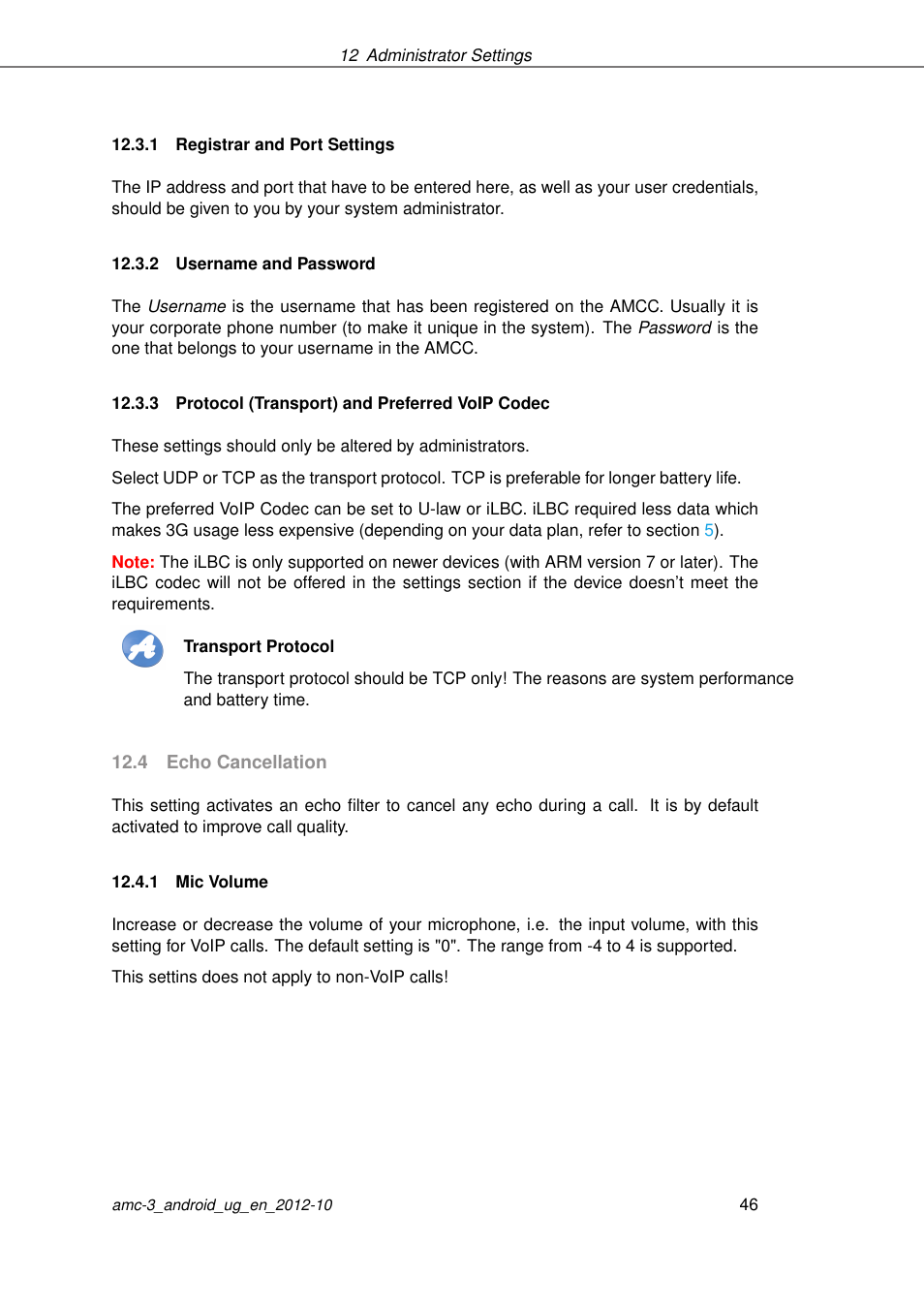 Registrar and port settings, Username and password, Protocol (transport) and preferred voip codec | Echo cancellation, Mic volume | AASTRA AMC 3 for Android EN User Manual | Page 46 / 57