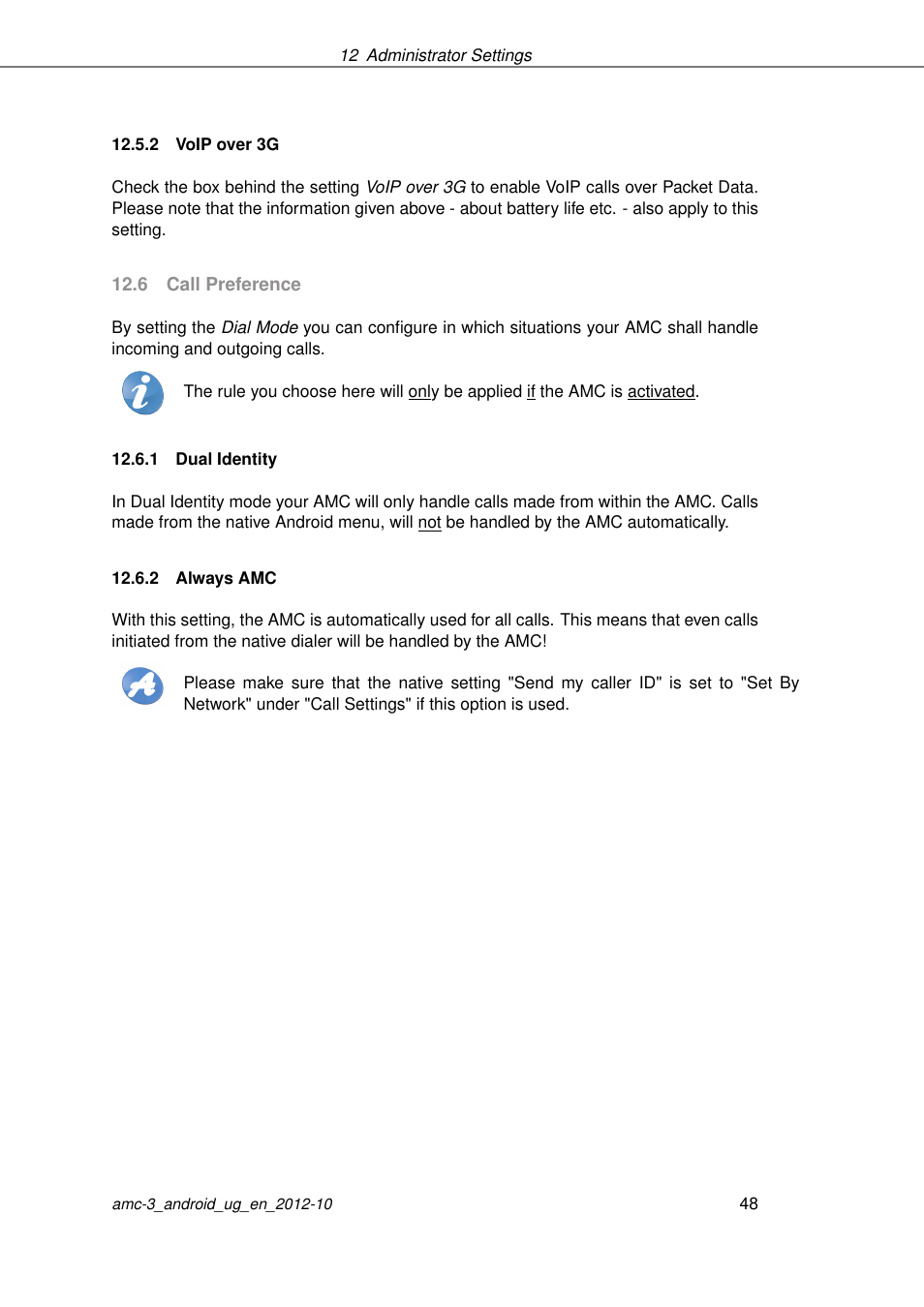Voip over 3g, Call preference, Dual identity | Always amc | AASTRA AMC 3 for Android EN User Manual | Page 48 / 57