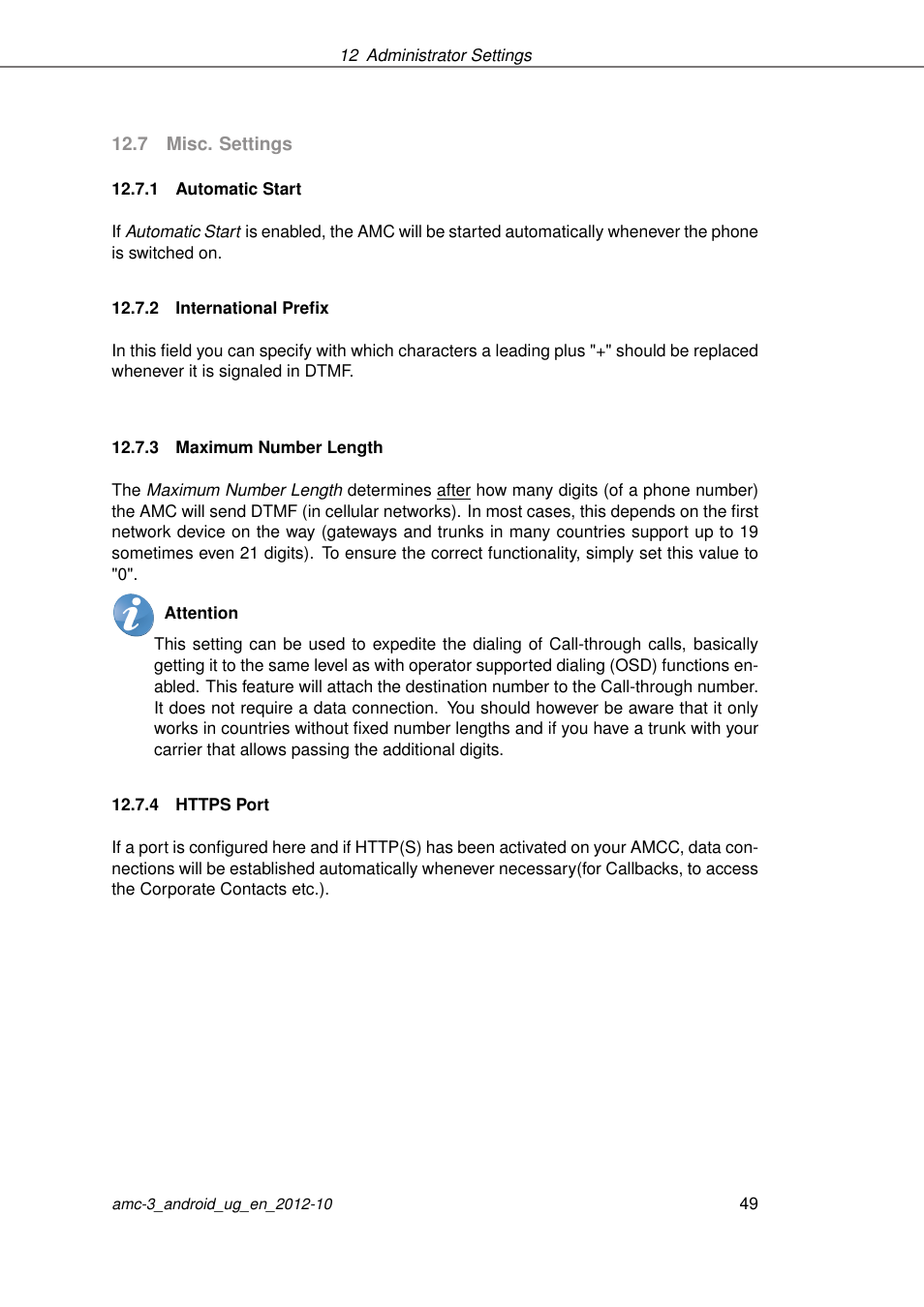 Misc. settings, Automatic start, International prefix | Maximum number length, Https port | AASTRA AMC 3 for Android EN User Manual | Page 49 / 57
