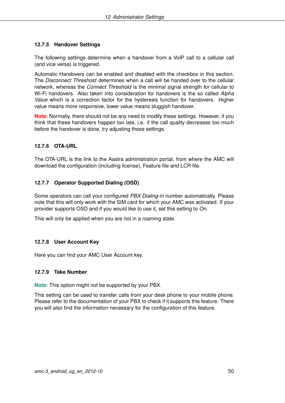 Handover settings, Ota-url, Operator supported dialing (osd) | User account key, Take number | AASTRA AMC 3 for Android EN User Manual | Page 50 / 57