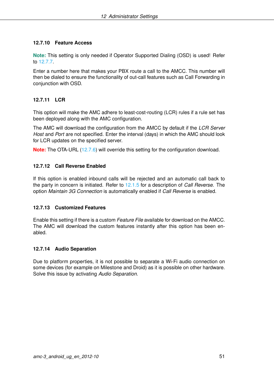 Feature access, Call reverse enabled, Customized features | Audio separation, 10 feature access, 11 lcr, 12 call reverse enabled, 13 customized features, 14 audio separation | AASTRA AMC 3 for Android EN User Manual | Page 51 / 57