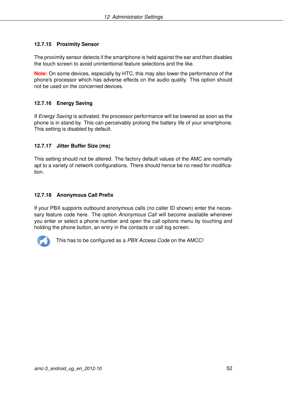 Proximity sensor, Energy saving, Jitter buffer size (ms) | Anonymous call prefix, 15 proximity sensor, 16 energy saving, 17 jitter buffer size (ms), 18 anonymous call prefix | AASTRA AMC 3 for Android EN User Manual | Page 52 / 57