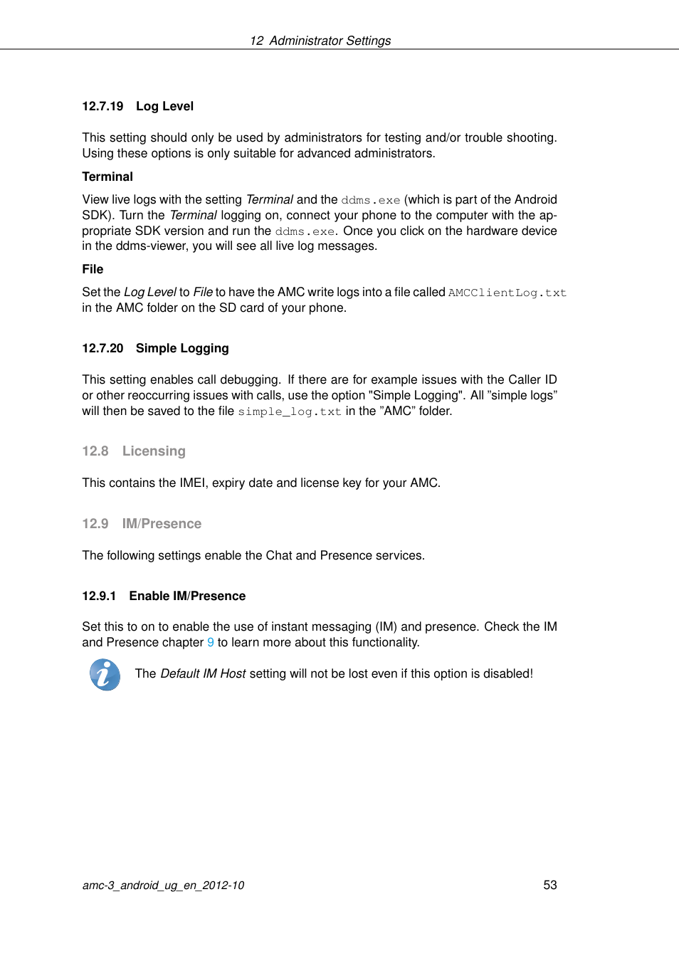 Log level, Simple logging, Licensing | Im/presence, Enable im/presence, 19 log level, 20 simple logging | AASTRA AMC 3 for Android EN User Manual | Page 53 / 57